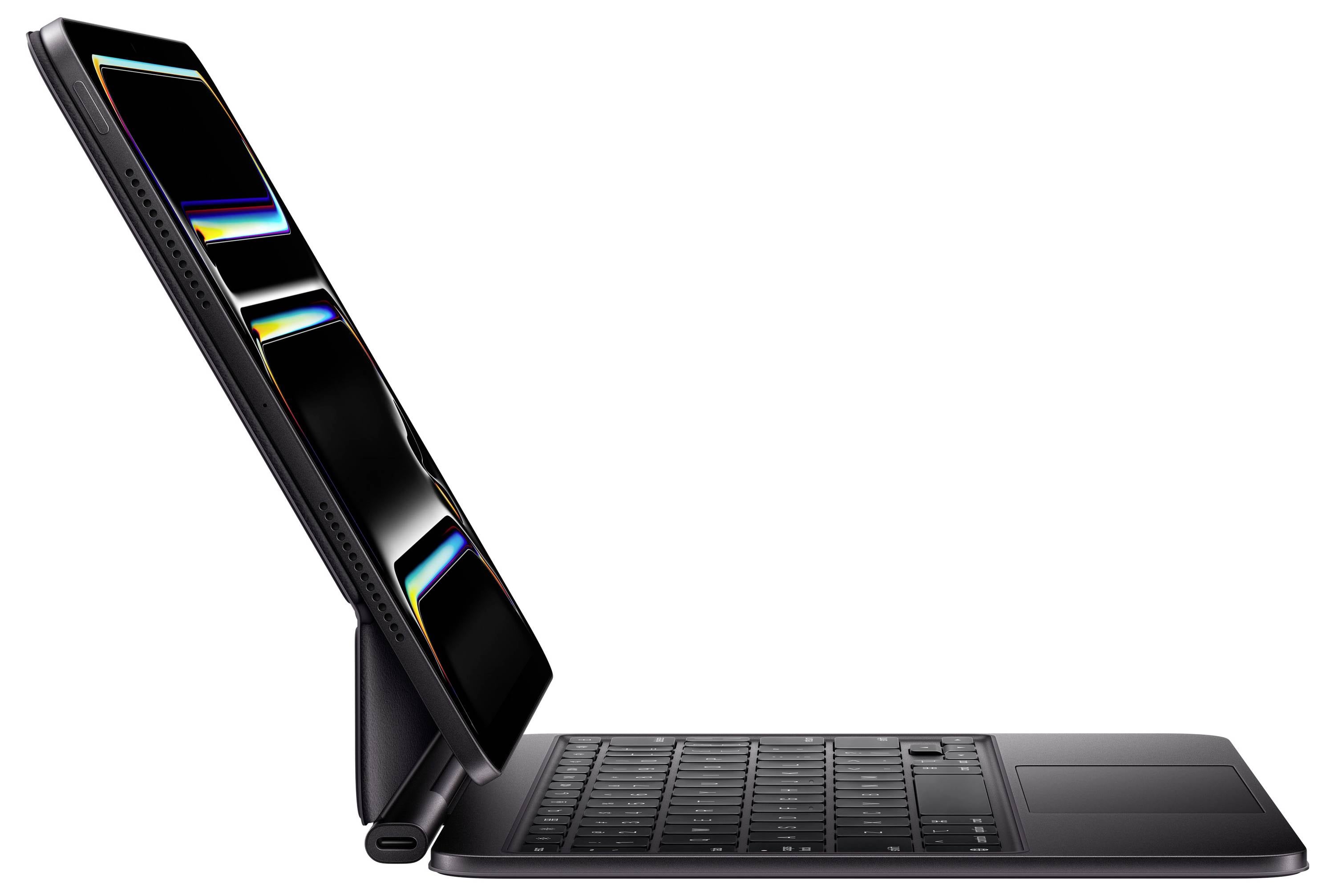 Ein schlankes, silbernes Tablet mit einem regenbogenfarbig beleuchteten Bildschirm, magnetisch an einer passenden Tastatur befestigt, das ein modernes abnehmbares Design präsentiert.