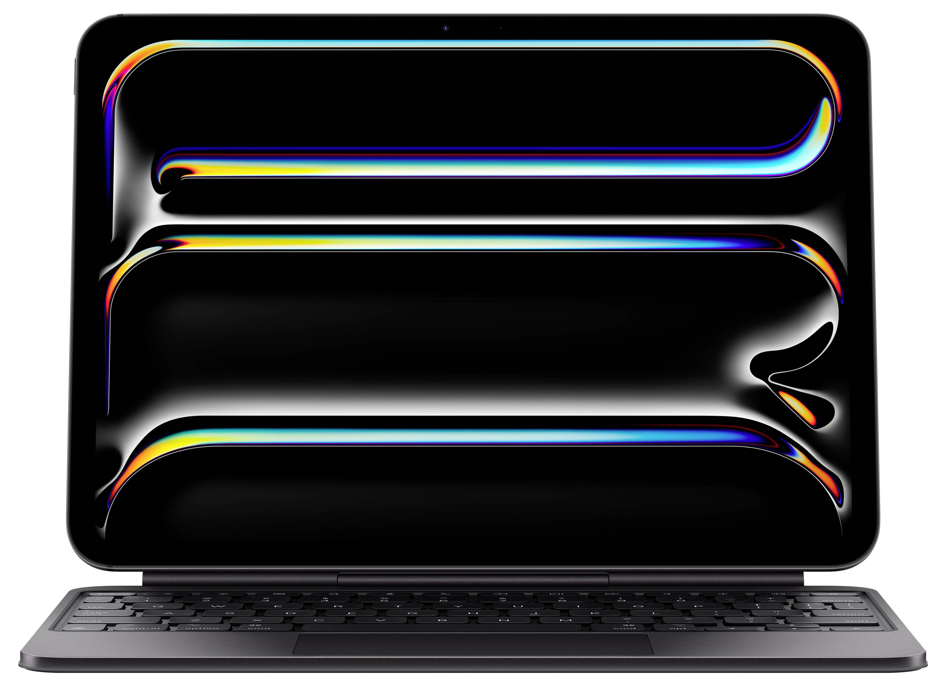 Ein schlanker Laptop mit einem lebhaften abstrakten Bildschirm, der farbenfrohe, geschwungene Formen auf einem schwarzen Hintergrund zeigt und technische Eleganz ausstrahlt.