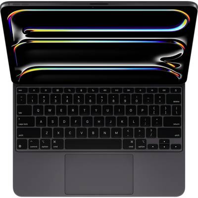Geöffneter Laptop mit einem farbenfrohen Bildschirm und schwarzer Tastatur, die deutliche Tasten und ein schlankes Design zeigt.