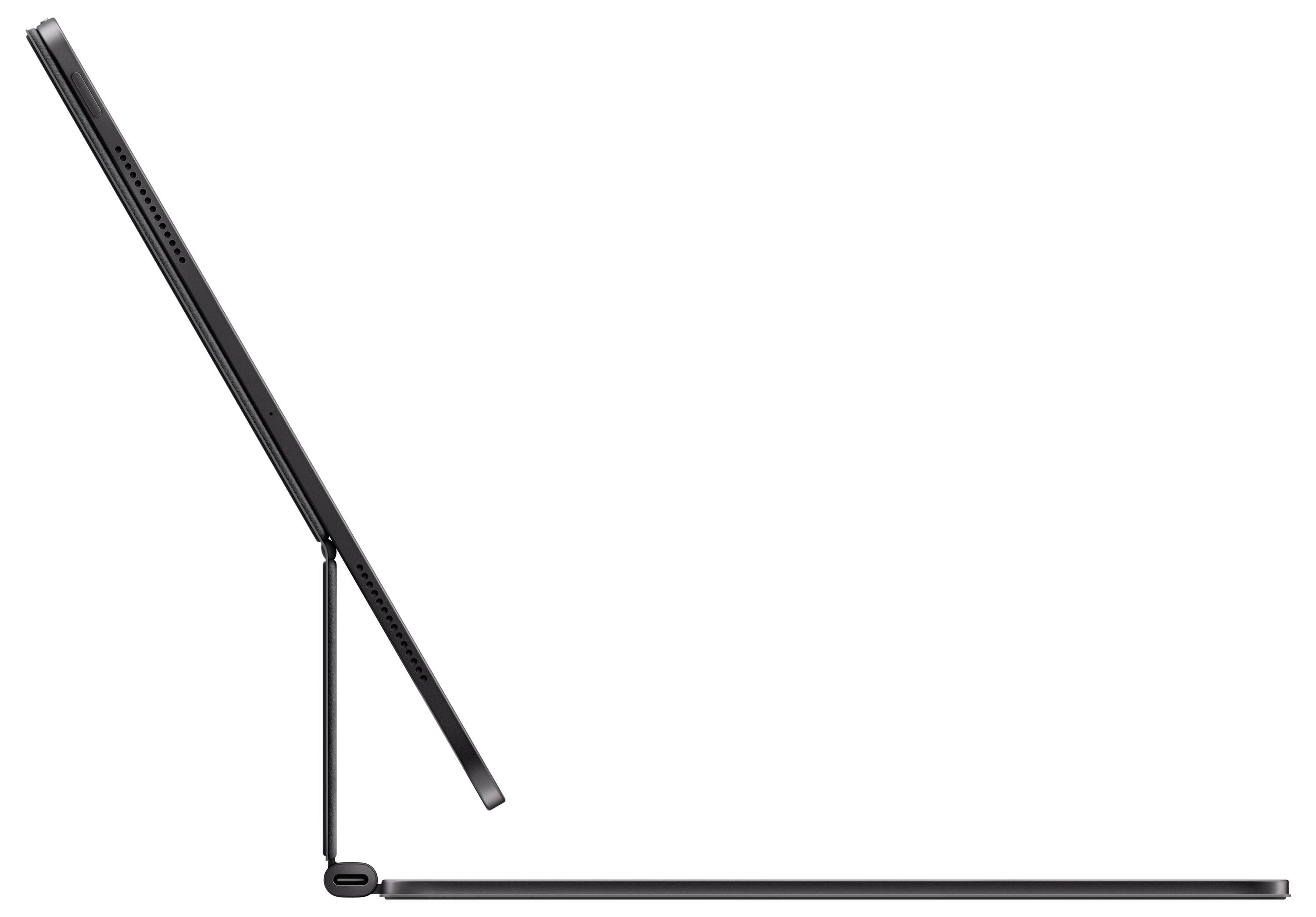 Ein schlankes Tablet mit angebrachter Tastatur in Seitenansicht, das seinen dünnen Profil und die verstellbare Scharnierachse für verschiedene Blickwinkel präsentiert.