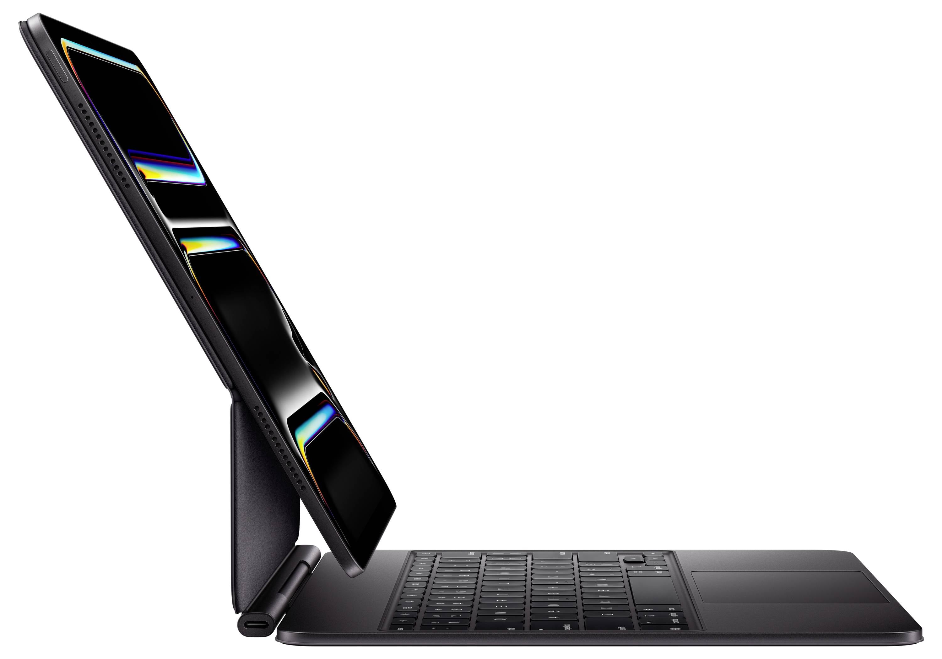 Ein schlanker Laptop mit Seitenansicht zeigt ein dünnes Profil und einen hellen Bildschirm mit abstrakten, bunten Mustern vor einem weißen Hintergrund.