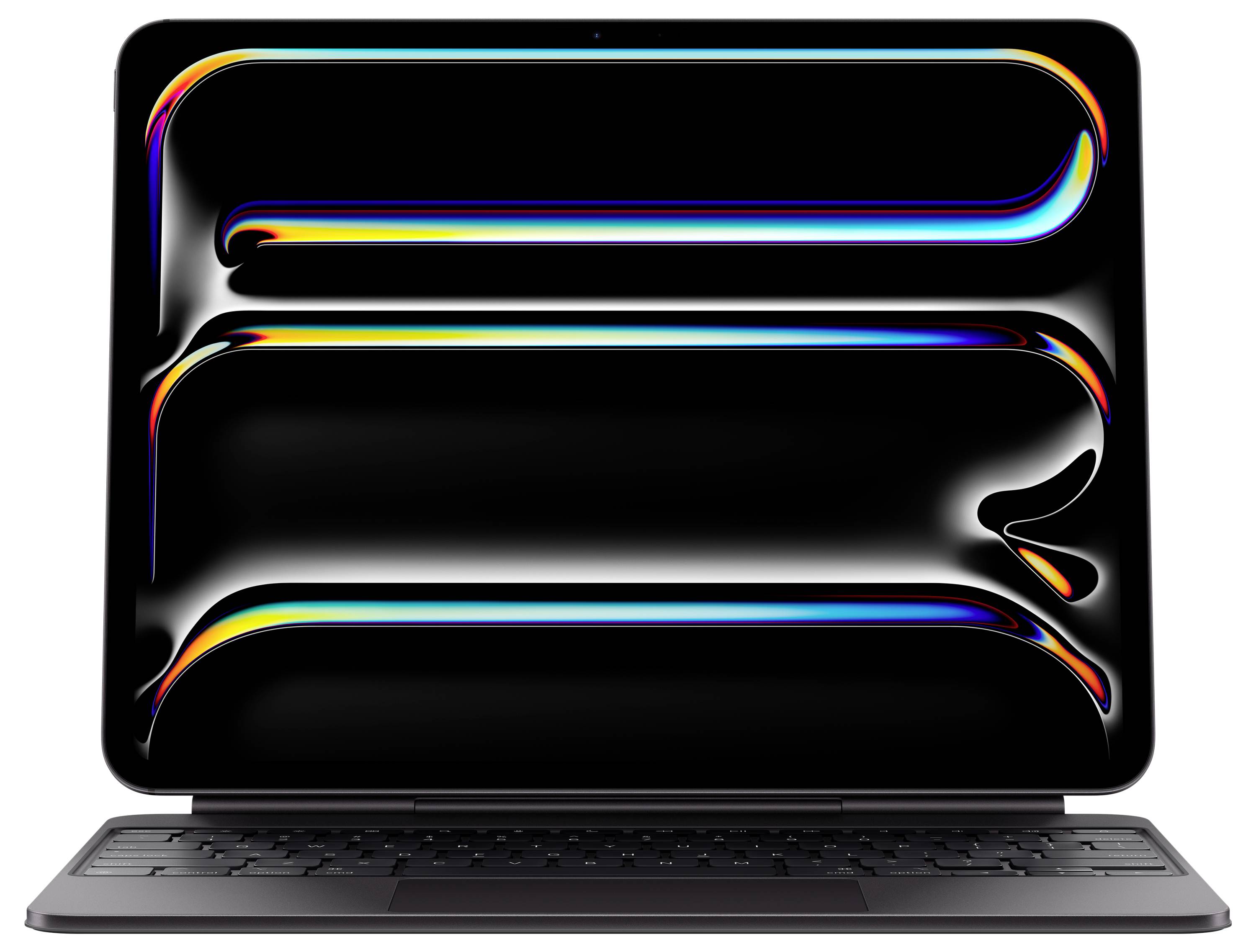 Ein Laptop mit einem schwarzen Bildschirm, auf dem abstrakte Neon-Wellenstrukturen zu sehen sind, die lebendige Farben und moderne Designästhetik betonen.