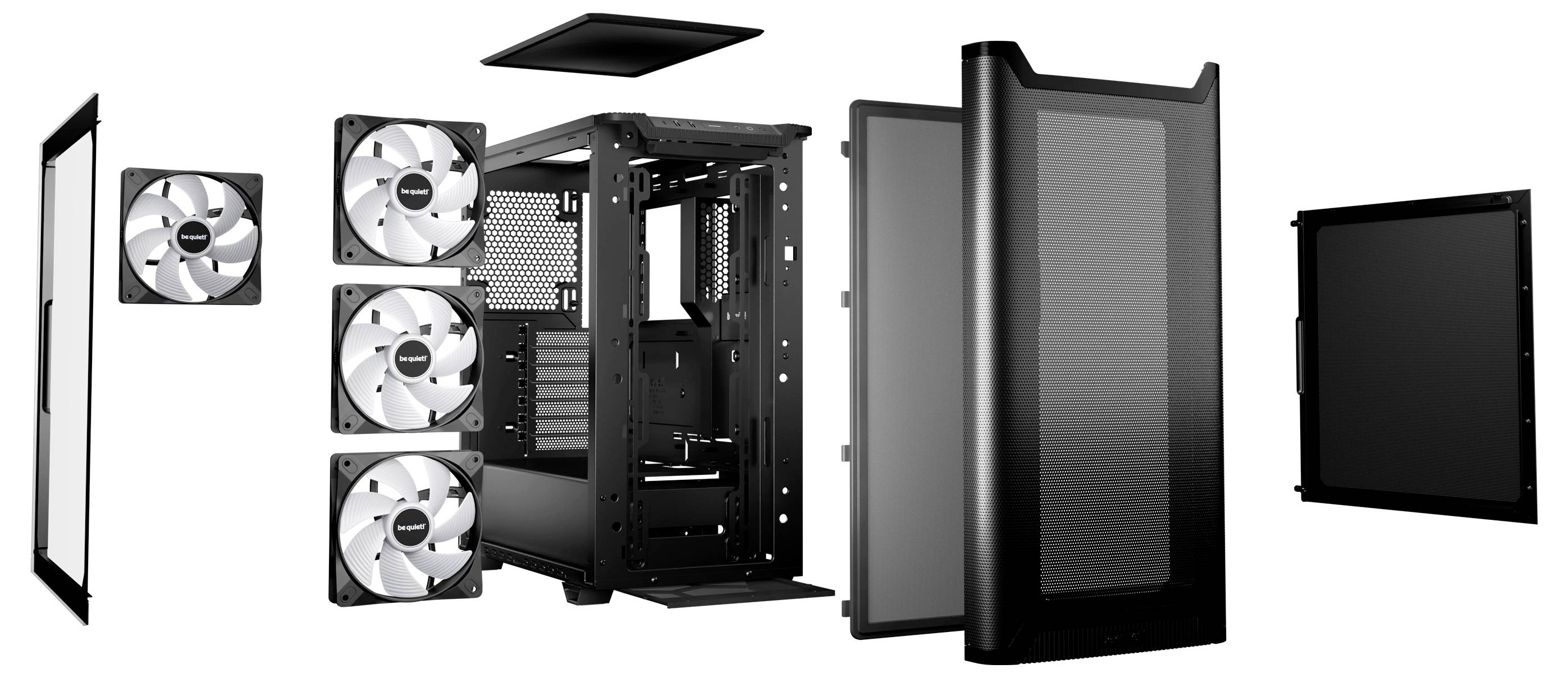 Explosionszeichnung eines schwarzen Computergehäuses mit Frontblende, Seitenteilen, Deckel, drei Lüftern und interner Rahmenstruktur.