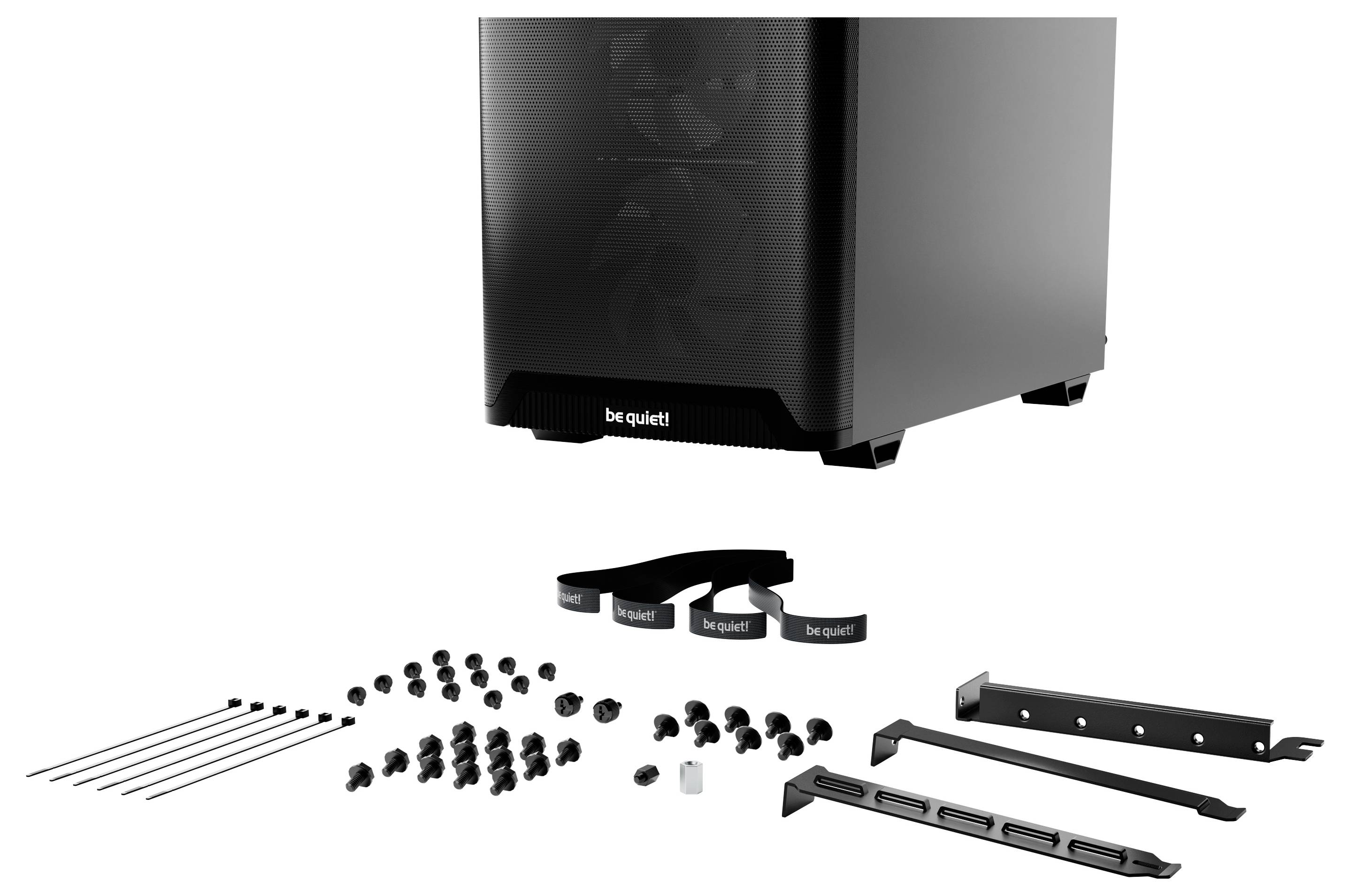 Ein schwarzes Computergehäuse mit der Markenaufschrift "be quiet!" wird zusammen mit verschiedenen Schrauben, Kabelbindern und Halterungen gezeigt, offensichtlich für den Zusammenbau vorgesehen.