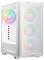 Ein weißer Desktop-Computerturm mit drei vorderen RGB-Lüftern und einem hinteren RGB-Lüfter, in einem Gittergehäusedesign für optimale Luftzirkulation.