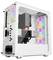 Ein weißes Gaming-PC-Gehäuse verfügt über transparente Seitenpanels, RGB-beleuchtete Kühlventilatoren und einen sichtbaren Innenaufbau, der eine GeForce RTX Grafikkarte umfasst.
