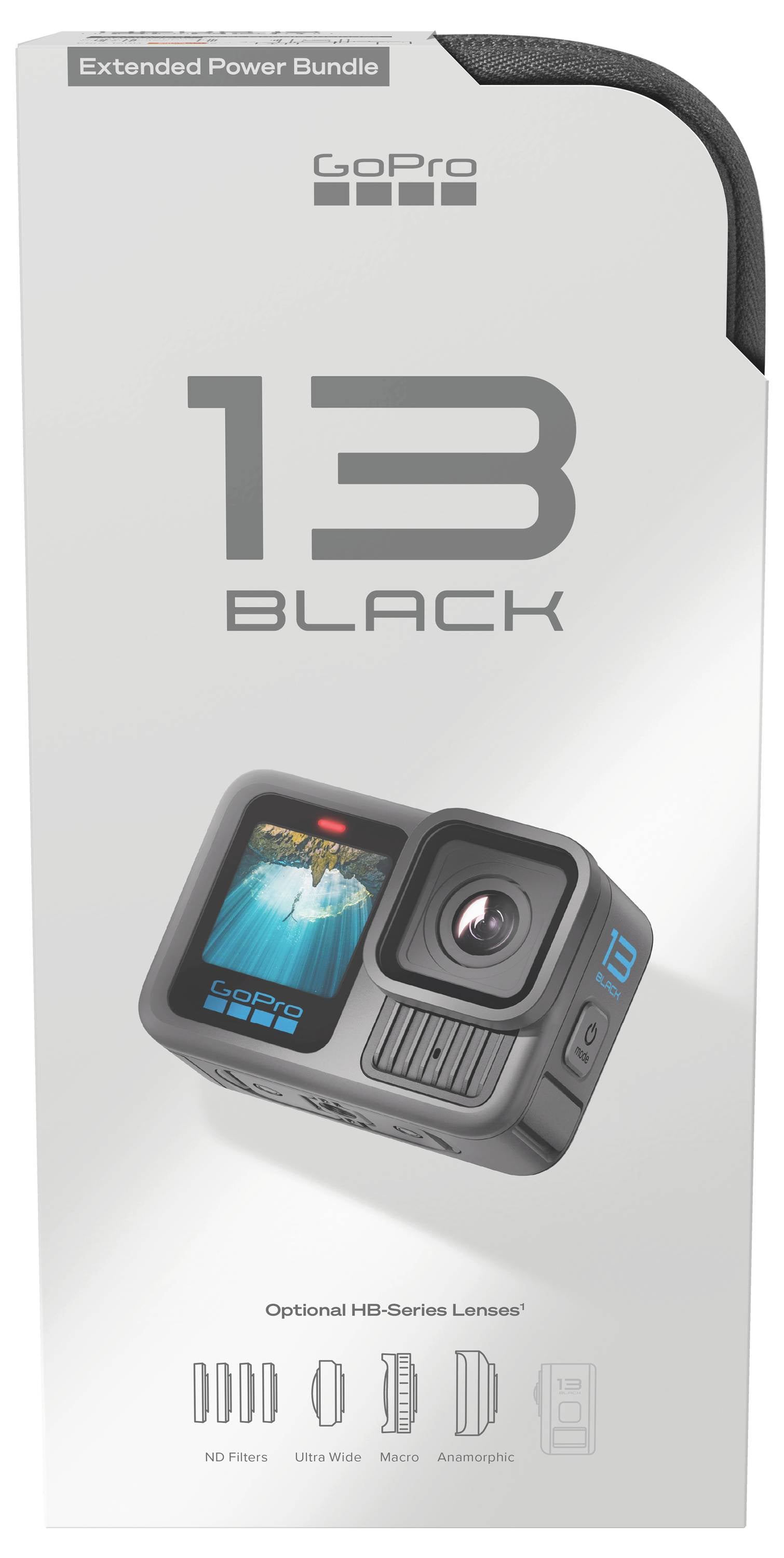 Verpackung der 'GoPro 13 Black' Kamera mit Produktabbildung, Anzeige verschiedener Objektivoptionen und dem Aufkleber 'Erweitertes Leistungspaket' am oberen Rand.