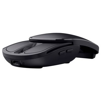 Eine schlanke schwarze kabellose Computermaus mit konturiertem Design, ausgestattet mit Seitentasten und einem USB-Ladeanschluss, vor einem weißen Hintergrund.