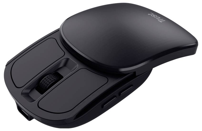 Eine elegante, schwarze kabellose Computermaus mit geschwungener Form, ausgestattet mit zwei seitlichen Tasten und einem Scrollrad.