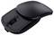 Eine elegante, schwarze kabellose Computermaus mit geschwungener Form, ausgestattet mit zwei seitlichen Tasten und einem Scrollrad.