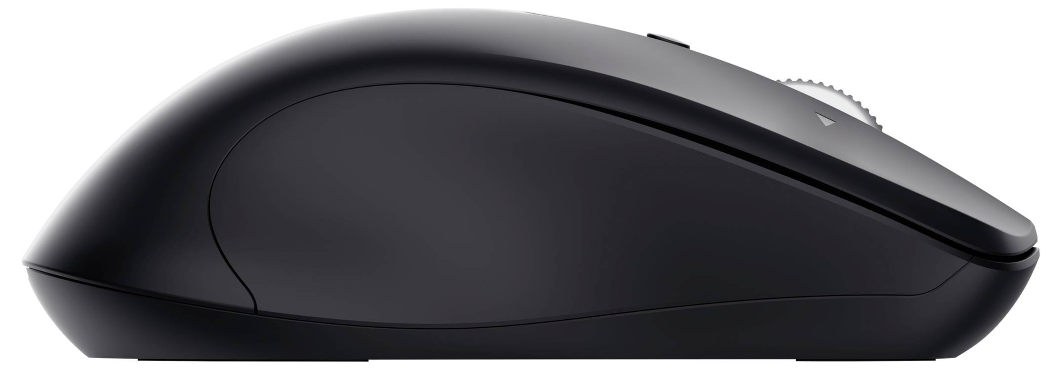 Eine schwarze kabellose Computermaus, von der Seite betrachtet, mit einem schlanken, ergonomischen Design und einem Scrollrad.