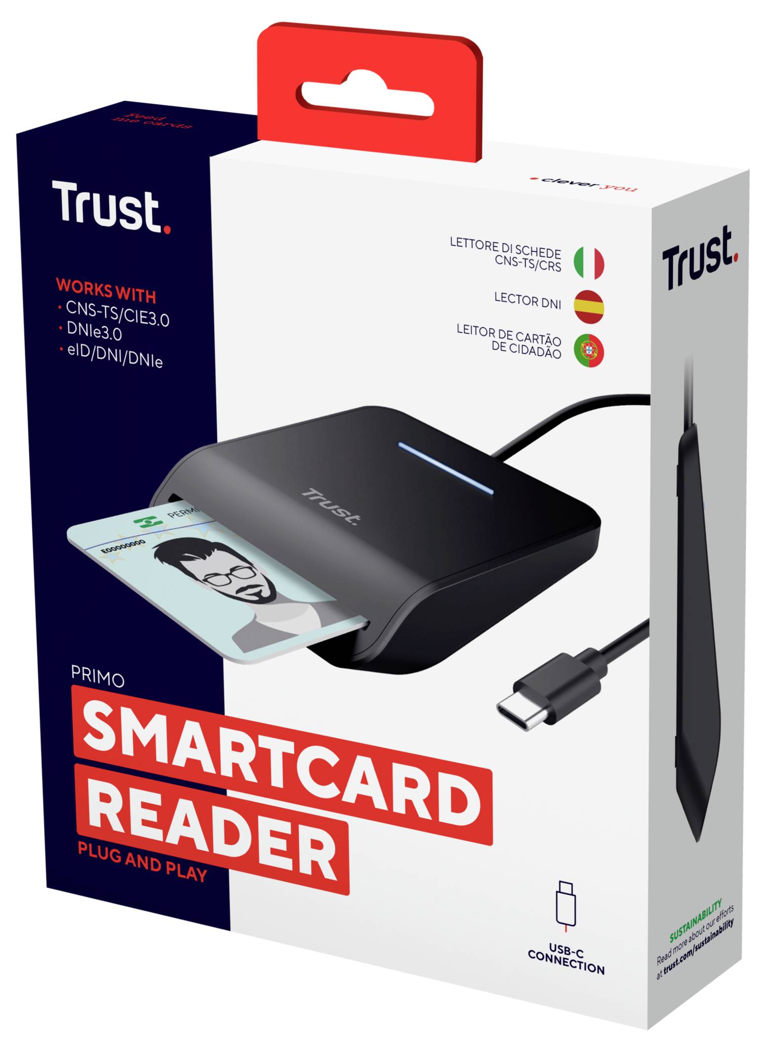 Die Verpackung des Trust Primo Smartcard Readers zeigt das Gerät mit einer Smartcard, die eingesteckt ist. Er unterstützt CNS, TS, eID. USB-C-Anschluss wird dargestellt.