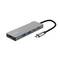 Ein rechteckiger USB-C-Hub mit angeschlossenem Kabel, ausgestattet mit Anschlüssen für HDMI, USB-C und drei USB-A-Verbindungen, mit der Aufschrift "Trust".