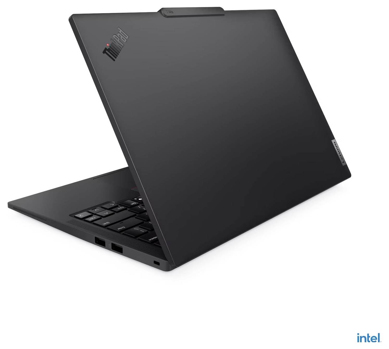 Ein schwarzer Laptop, teilweise geöffnet, zeigt das ThinkPad-Logo auf dem Deckel.