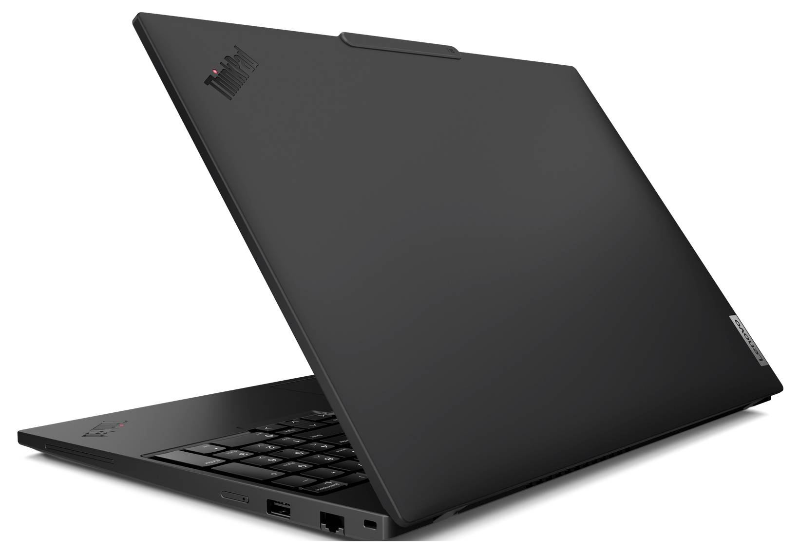 Ein aufgeklappter, schwarzer Laptop seitlich von hinten betrachtet, zeigt ein schlankes Design. Auf dem Deckel ist das Markenlogo sichtbar.