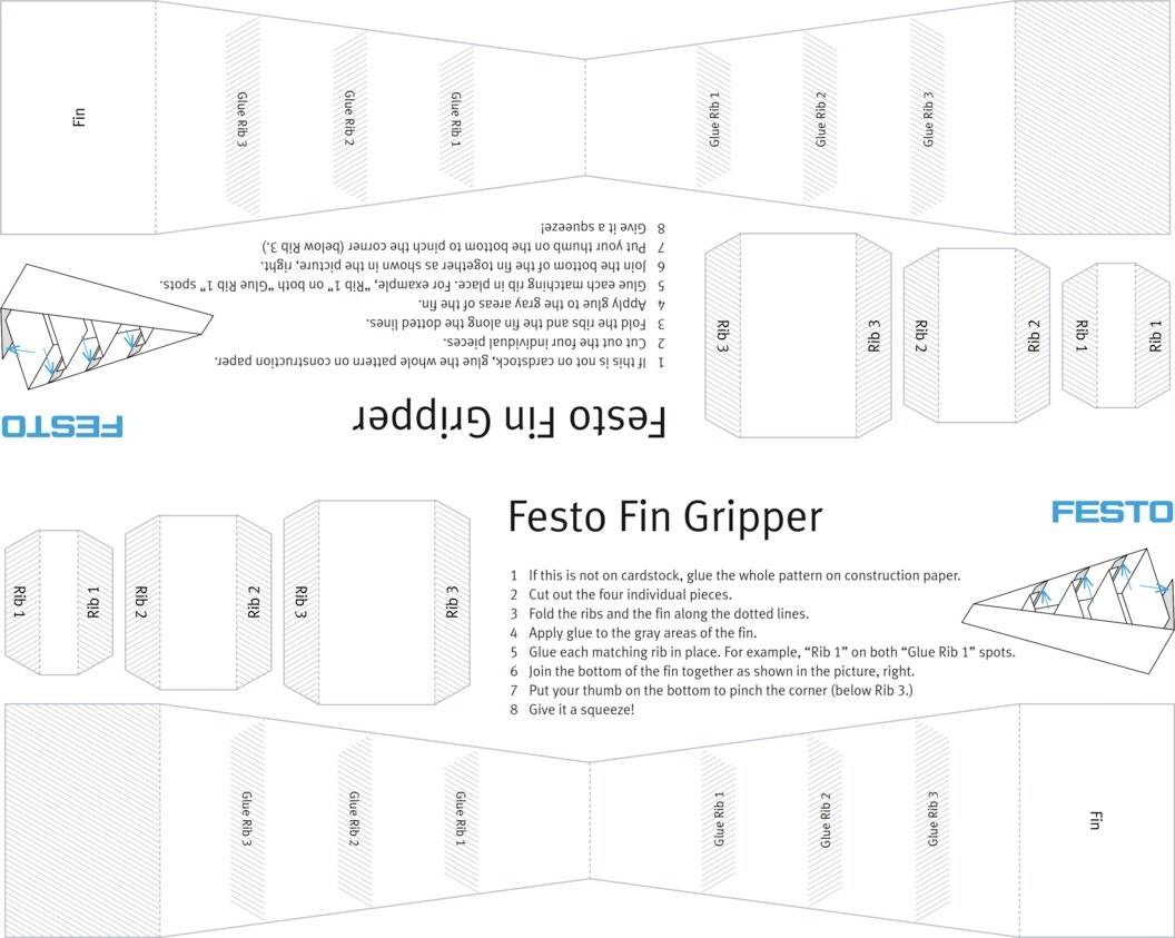 Bastelanleitung für 'Festo Fin Gripper' aus Papier, zeigt Schritt-für-Schritt-Faltungen und Klebepunkte zur Fertigstellung des Modells.