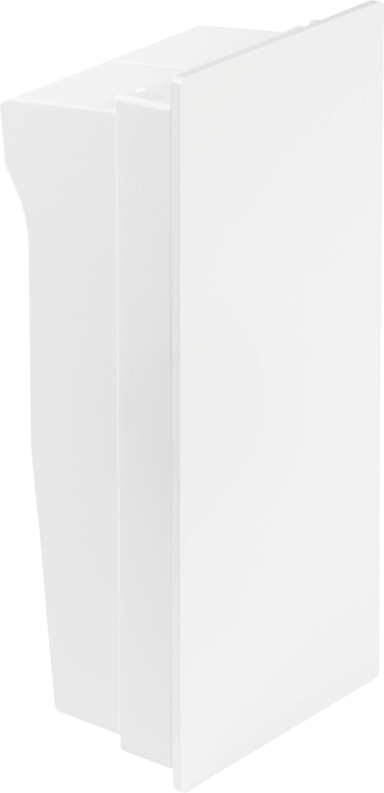 Ein weißes, rechteckiges Objekt mit glatten Oberflächen und scharfen Kanten, möglicherweise ein minimalistisches Design eines modernen Geräts oder einer Vorrichtung.