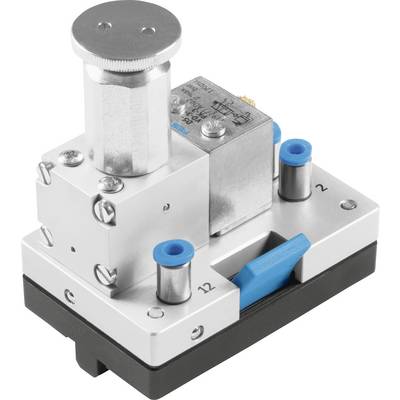 Ein pneumatisches Ventil mit metallischen und blauen Komponenten, das in industriellen Maschinen zur Steuerung des Luftstroms verwendet wird und auf einer schwarzen Basis positioniert ist.