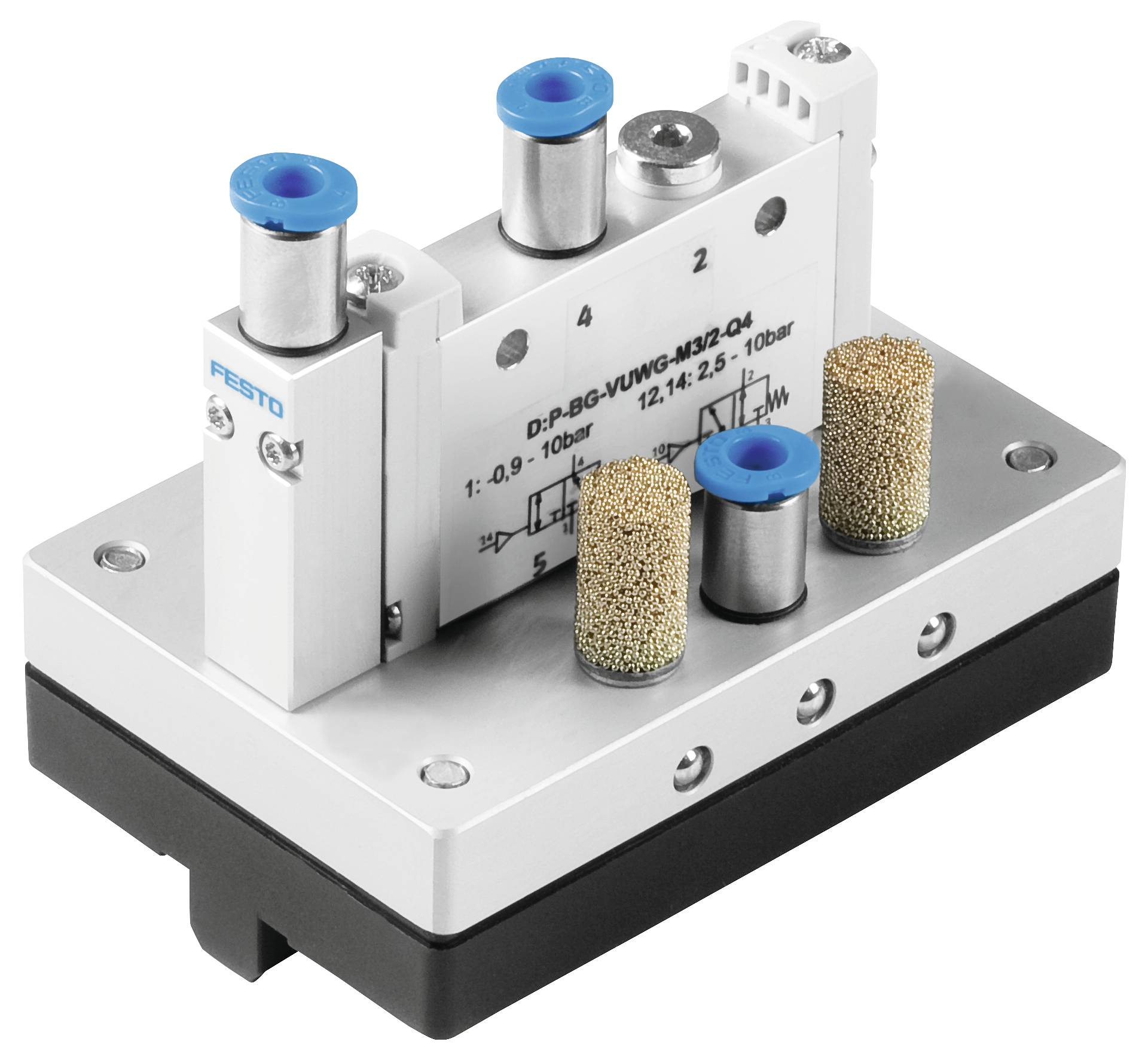 Festo-Pneumatikdruckschalter D-PG-VN-G-M3-2-Q4 mit einer metallischen Basis und drei blau abgedeckten zylindrischen Komponenten an der Oberseite.