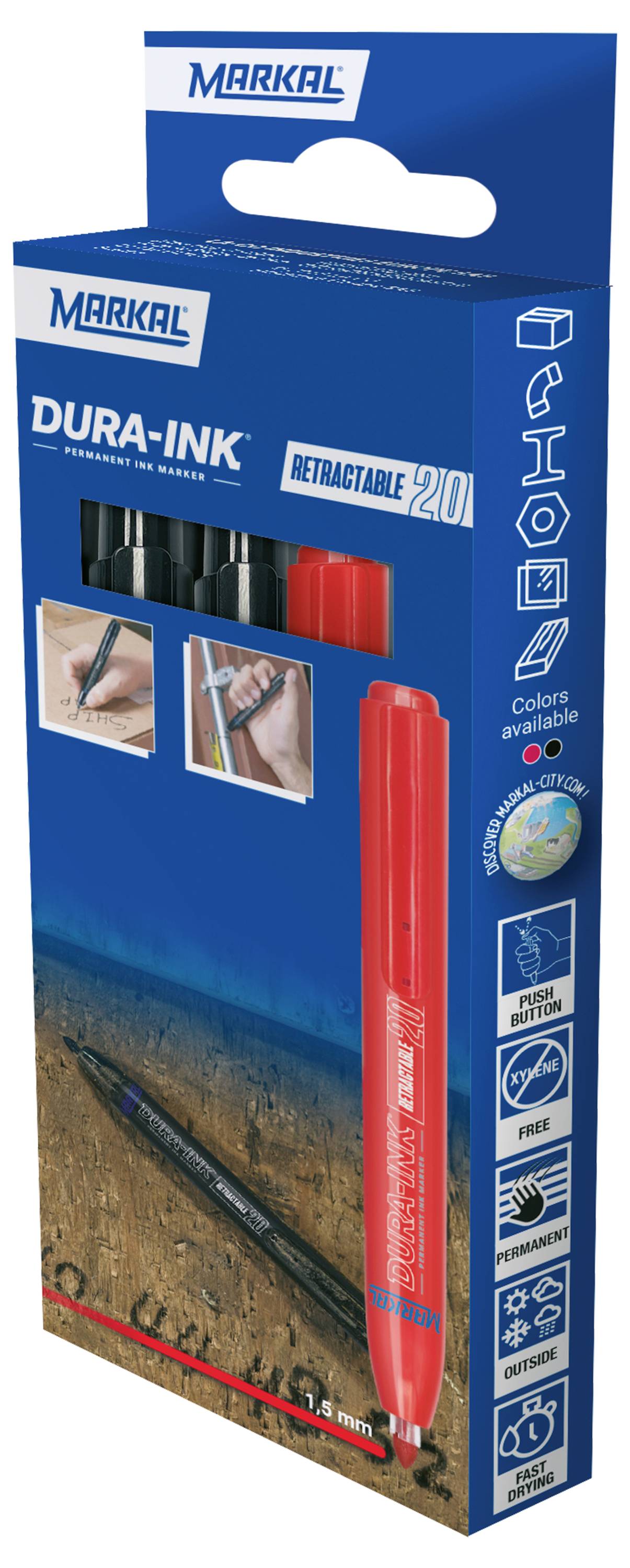 Markal DURA-INK RETRACTABLE 22252 Permanentmarker Rot, Schwarz wasserfest: Ja