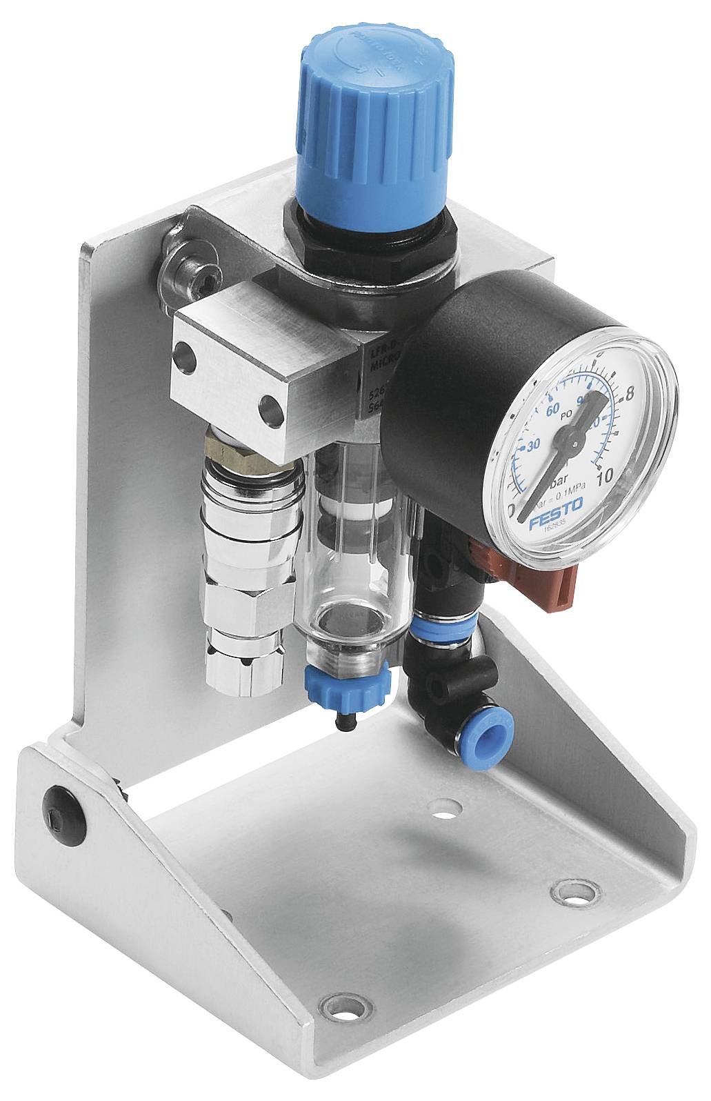 Druckregler mit Manometer auf einem Metallständer, zeigt Messungen von 0 bis 10 in blauen und schwarzen Farben.