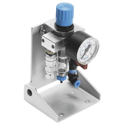 Druckregler mit Manometer auf einem Metallständer, zeigt Messungen von 0 bis 10 in blauen und schwarzen Farben.