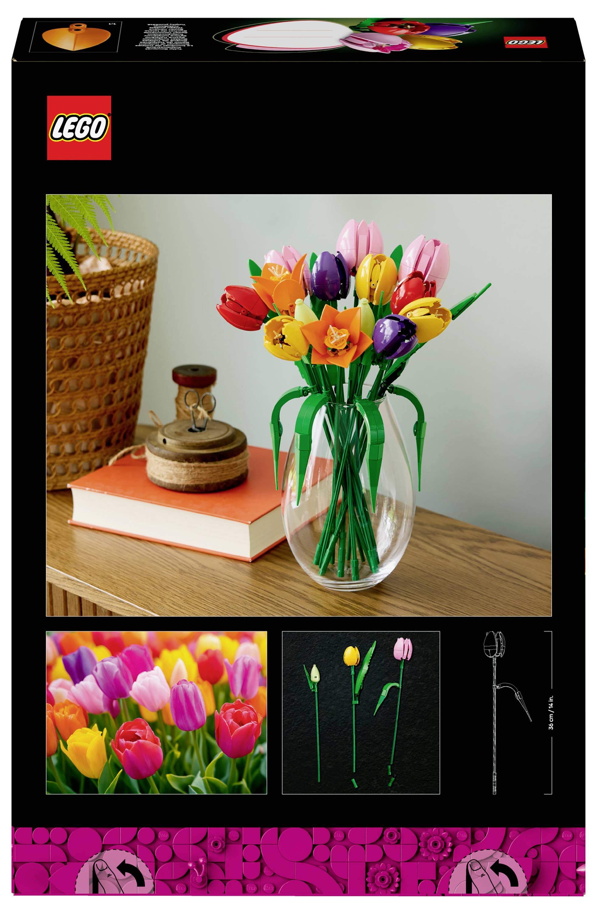 Eine LEGO-Setbox mit einem farbenfrohen Blumenstrauß aus LEGO-Tulpen in einer Vase auf einem Tisch, mit einem Buch und einer Topfpflanze im Hintergrund.