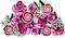 Ein Blumenstrauß aus rosa LEGO-Rosen mit kleinen weißen Blüten, kunstvoll zu einer dekorativen Ansammlung arrangiert.