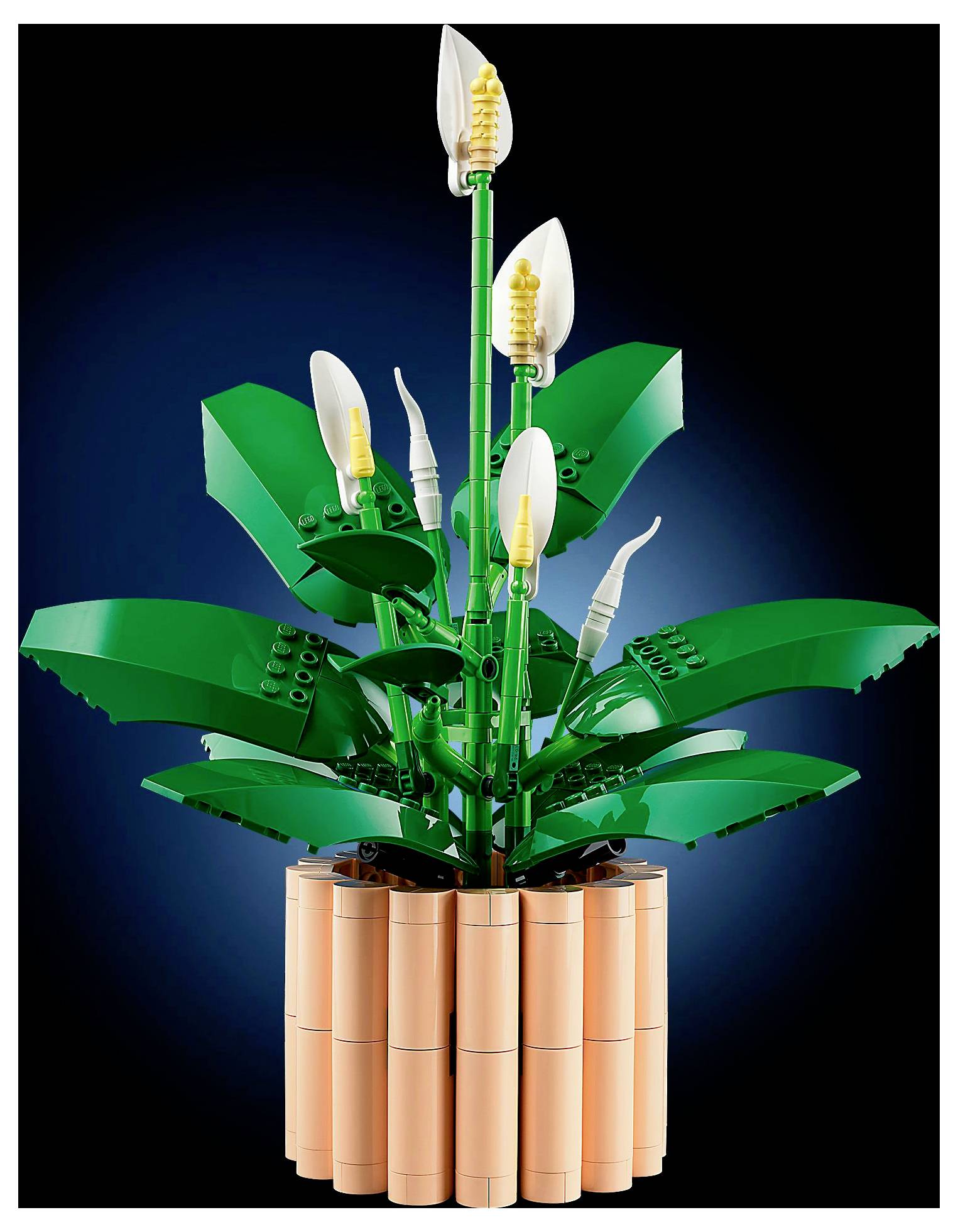 Ein LEGO-Pflanzset mit großen grünen Blättern und weißen Blumen in einem zylindrischen Pflanzgefäß, präsentiert vor einem dunklen Hintergrund.