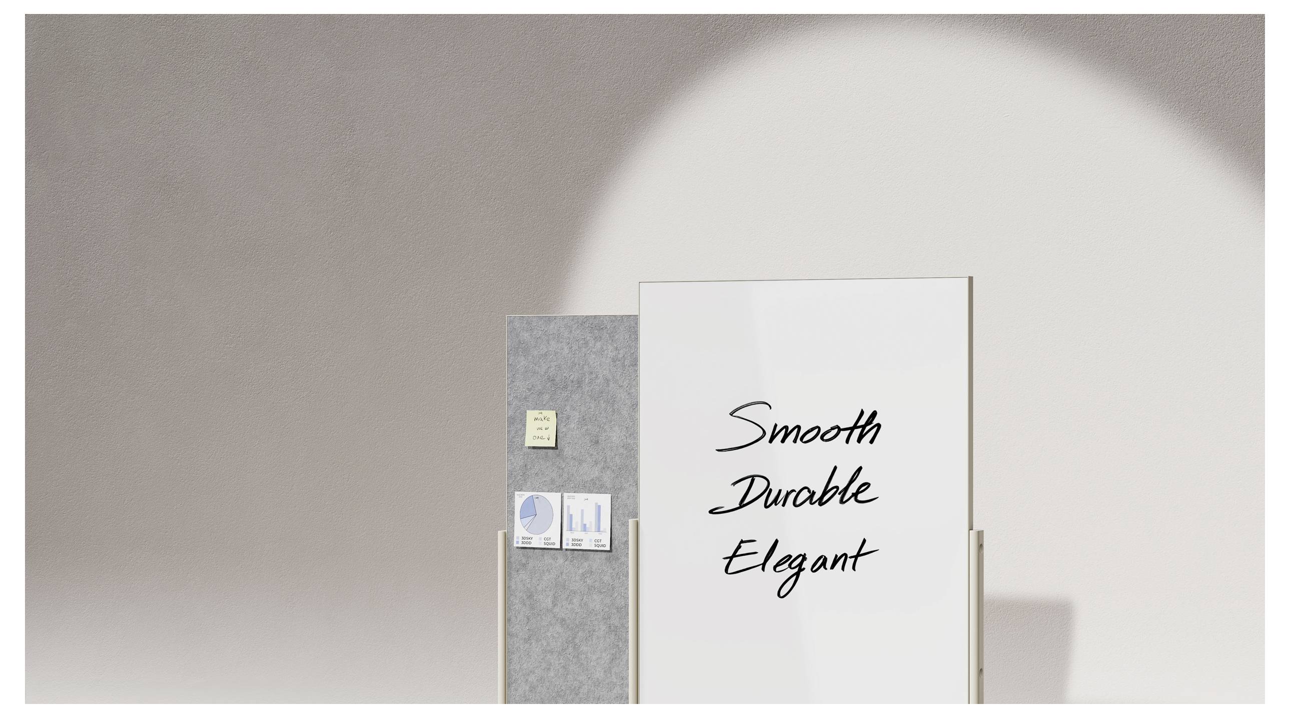 Ein Whiteboard mit den Worten „Smooth, Durable, Elegant" (Glatt, Langlebig, Elegant) geschrieben wird gegen ein Stein-Textured Panel mit Haftnotizen und Diagrammen positioniert.