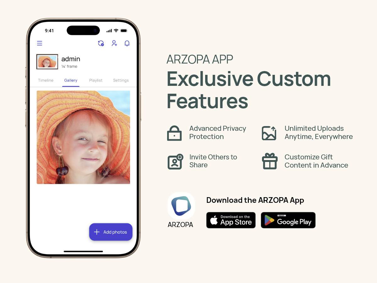 "iPhone mit App-Schnittstelle", die ein Kind mit Hut zeigt. Text: "ARZOPA APP - Exklusive individuelle Funktionen" mit Icons für erweiterte Funktionen.