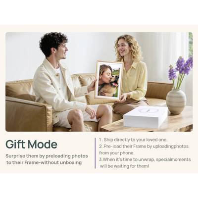 Ein Paar sitzt auf einem Sofa; die Frau hält einen digitalen Fotorahmen mit einem Bild einer Frau und eines Hundes. Der Text beschreibt Geschenklieferoptionen.