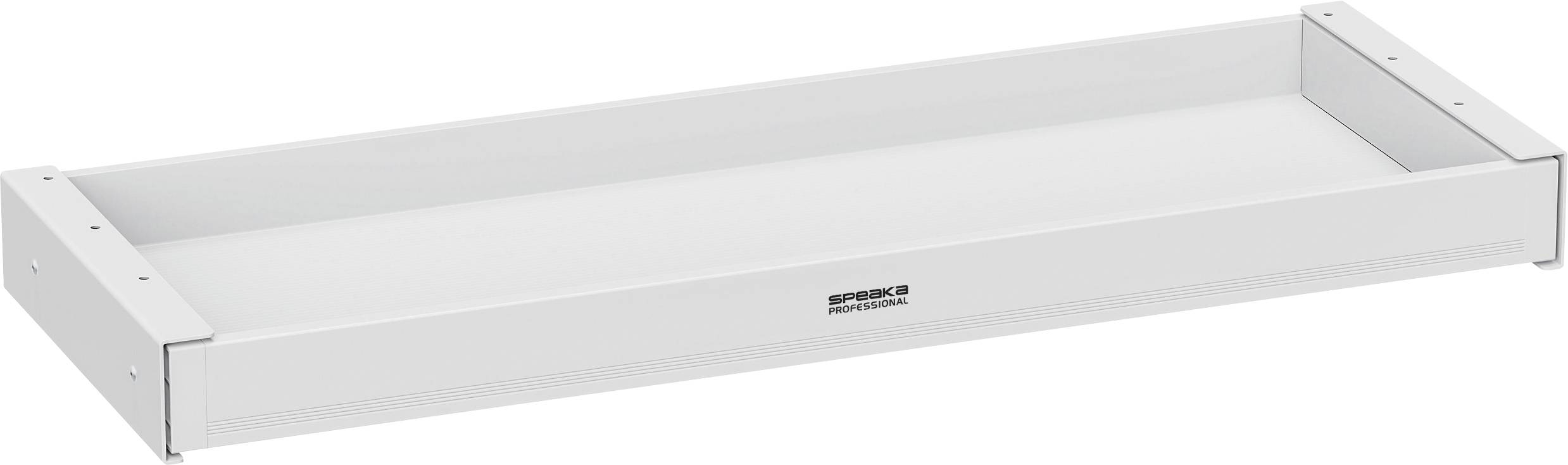 Eine weiße rechteckige Metallschublade mit Markenetikett "Sortimo" auf der Vorderseite. Sie scheint Teil eines modularen Lagersystems zu sein.