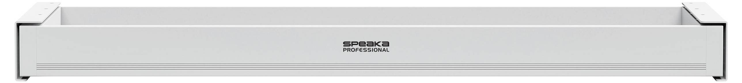 Eine weiße IKEA-Aufbewahrungsschublade „SPACEO Pro", von vorne gezeigt, mit schlankem, minimalistischem Design und schwarzen Akzenten an den Seiten.