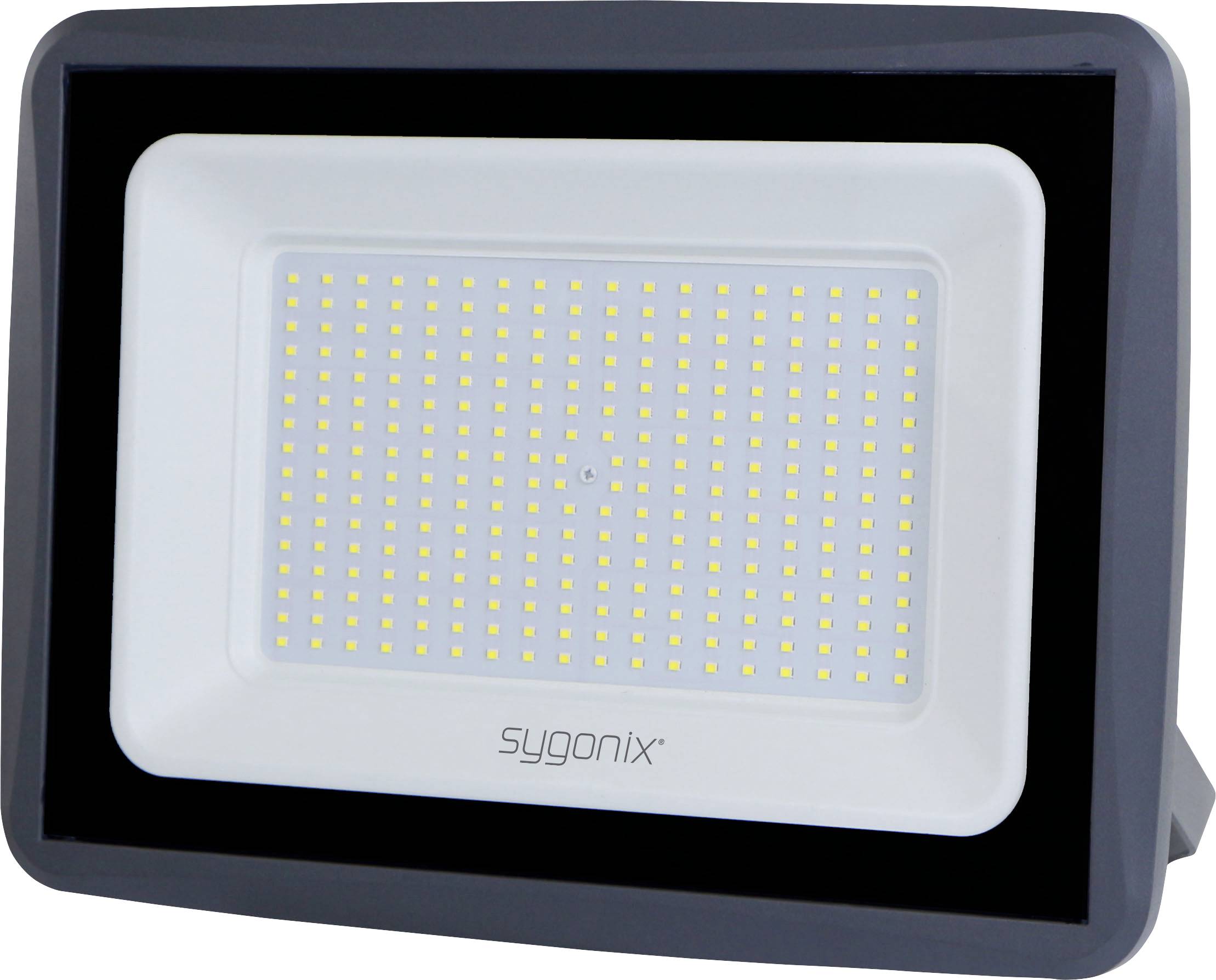 Rechteckige LED-Flutlicht mit schwarzem Rahmen und weißem Panel, das ein Gitter von gelben Dioden und das "sygonix"-Logo zeigt.
