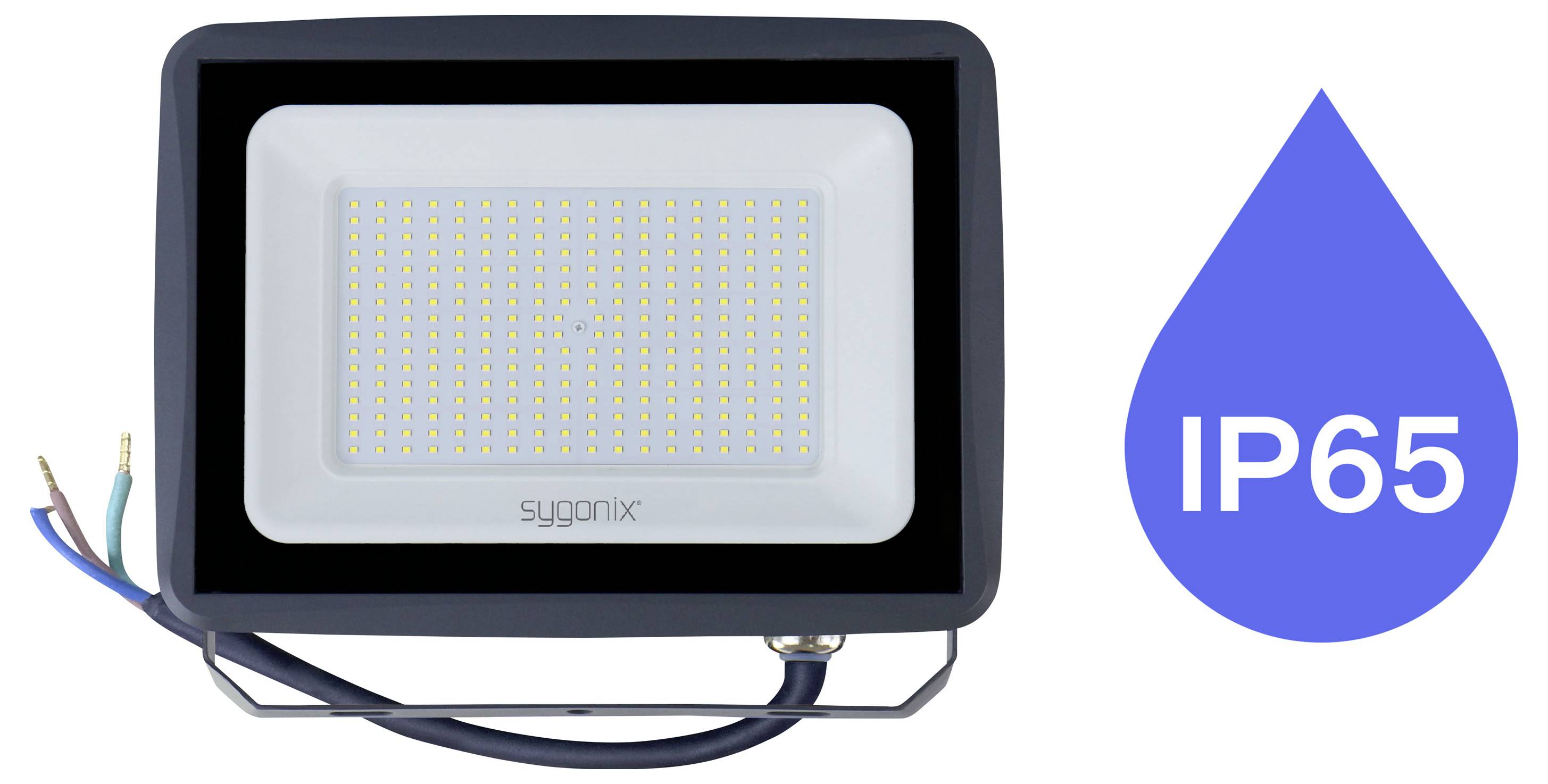 Schwarzer rechteckiger LED-Flutlicht mit Hängeseil, mit der Bezeichnung „IP65" in einem blauen Wassertropfen-Symbol.