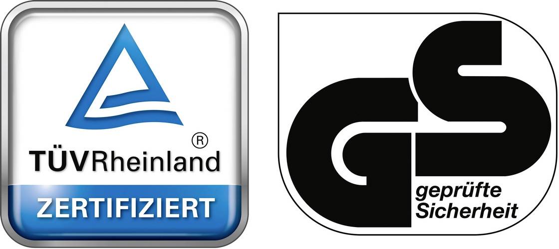 'TÜV Rheinland ZERTIFIZIERT' und 'GS geprüfte Sicherheit' Logos, die Zertifizierung und Konformität mit geprüften Sicherheitsstandards anzeigen.