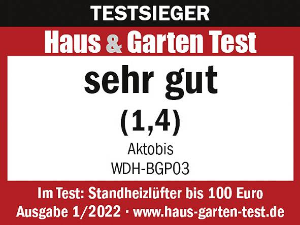 'TESTSIEGER', 'Haus & Garten Test', bewertet mit 'sehr gut (1,4)' für 'Aktobis WDH-BGP03'. Heizgerät bis 100 Euro. Ausgabe 1/2022.
