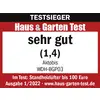 'TESTSIEGER', 'Haus & Garten Test', bewertet mit 'sehr gut (1,4)' für 'Aktobis WDH-BGP03'. Heizgerät bis 100 Euro. Ausgabe 1/2022.