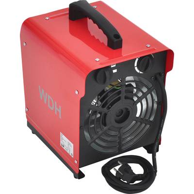 WDH' roter tragbarer elektrischer Heizlüfter mit Griff, großem Frontventilator und Netzkabel. Konzipiert für Werkstätten oder Garagen.