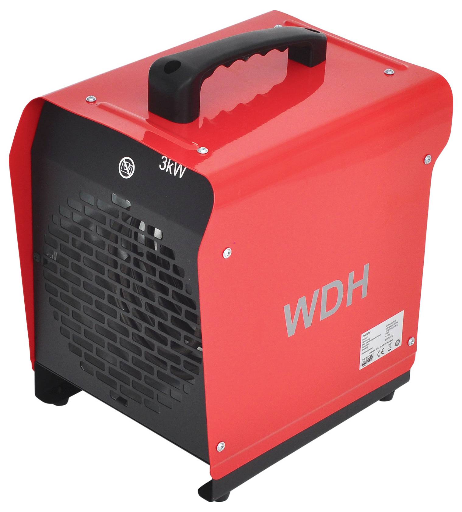 Ein roter tragbarer Raumheizer mit einem schwarzen Griff, mit der Aufschrift 'WDH 3kW', ausgestattet mit einem Lüftergitter und einem Bedienfeld an der Seite.
