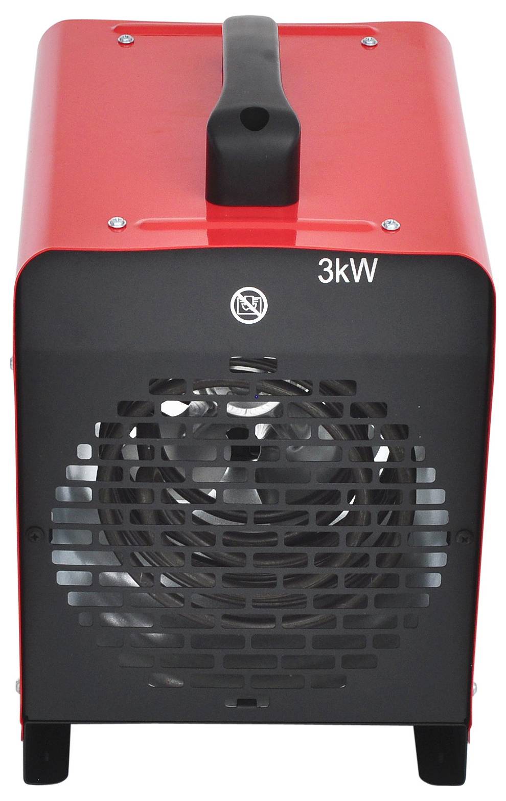 Ein roter 3-kW-Elektro-Standheizlüfter mit Frontgitter und Griff oben auf dem Gerät.