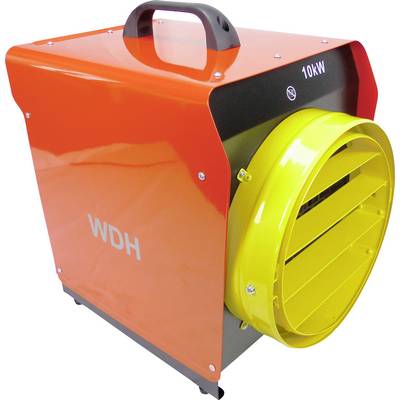 Ein tragbarer roter und schwarzer Industrieheizlüfter mit einem gelben Ventilator, beschriftet mit 'WDH 10kW', ausgestattet mit einem Griff oben für einfachen Transport.