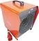 Tragbarer Industrieheizlüfter mit '9kW'-Beschriftung, ausgestattet mit orangefarbener Gehäuse, einem Griff oben und einem Netzkabel mit rotem Stecker.