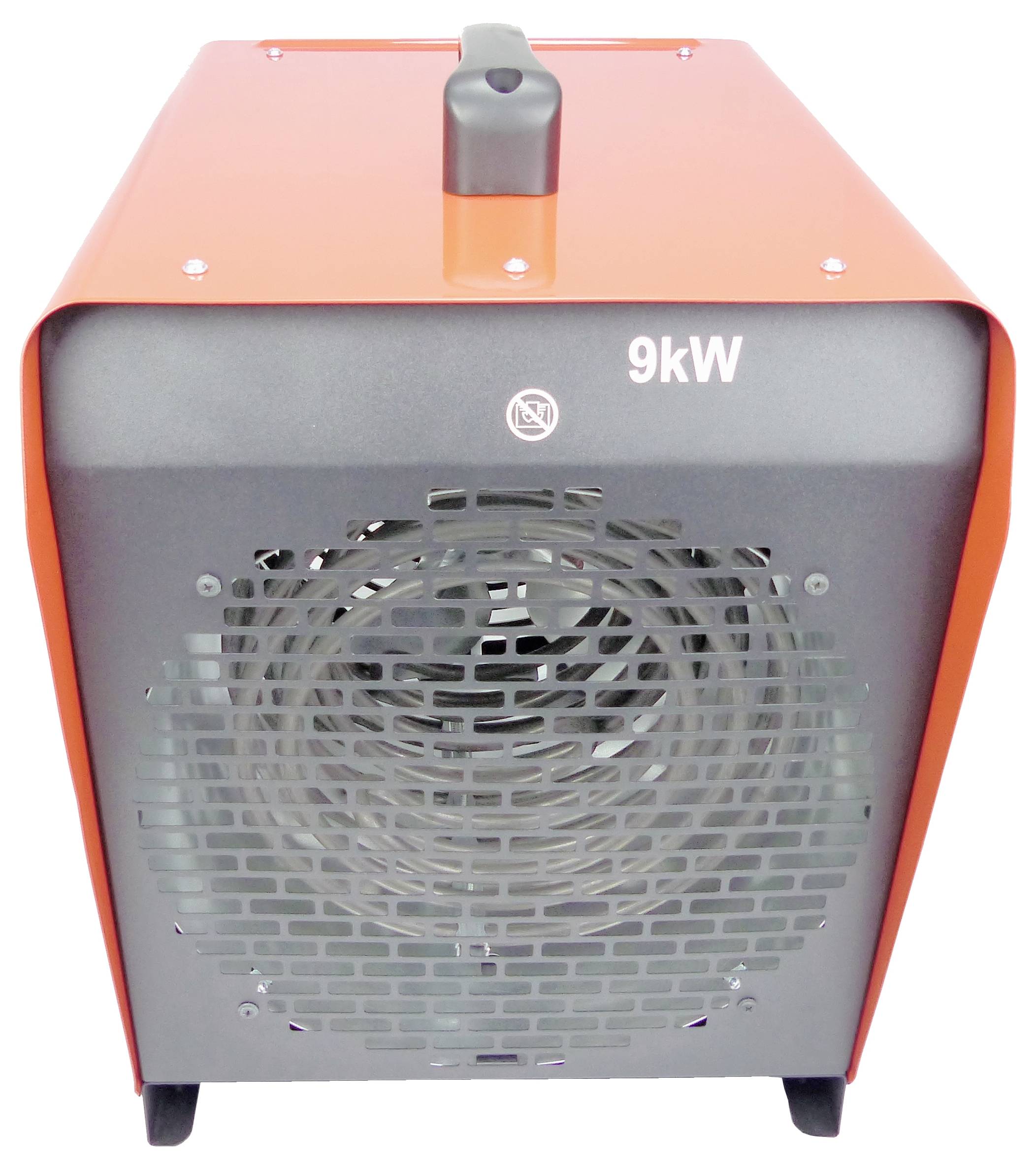 Frontansicht eines roten industriellen Elektroheizgeräts mit schwarzem Gitter und Griff, gekennzeichnet mit 9 kW.