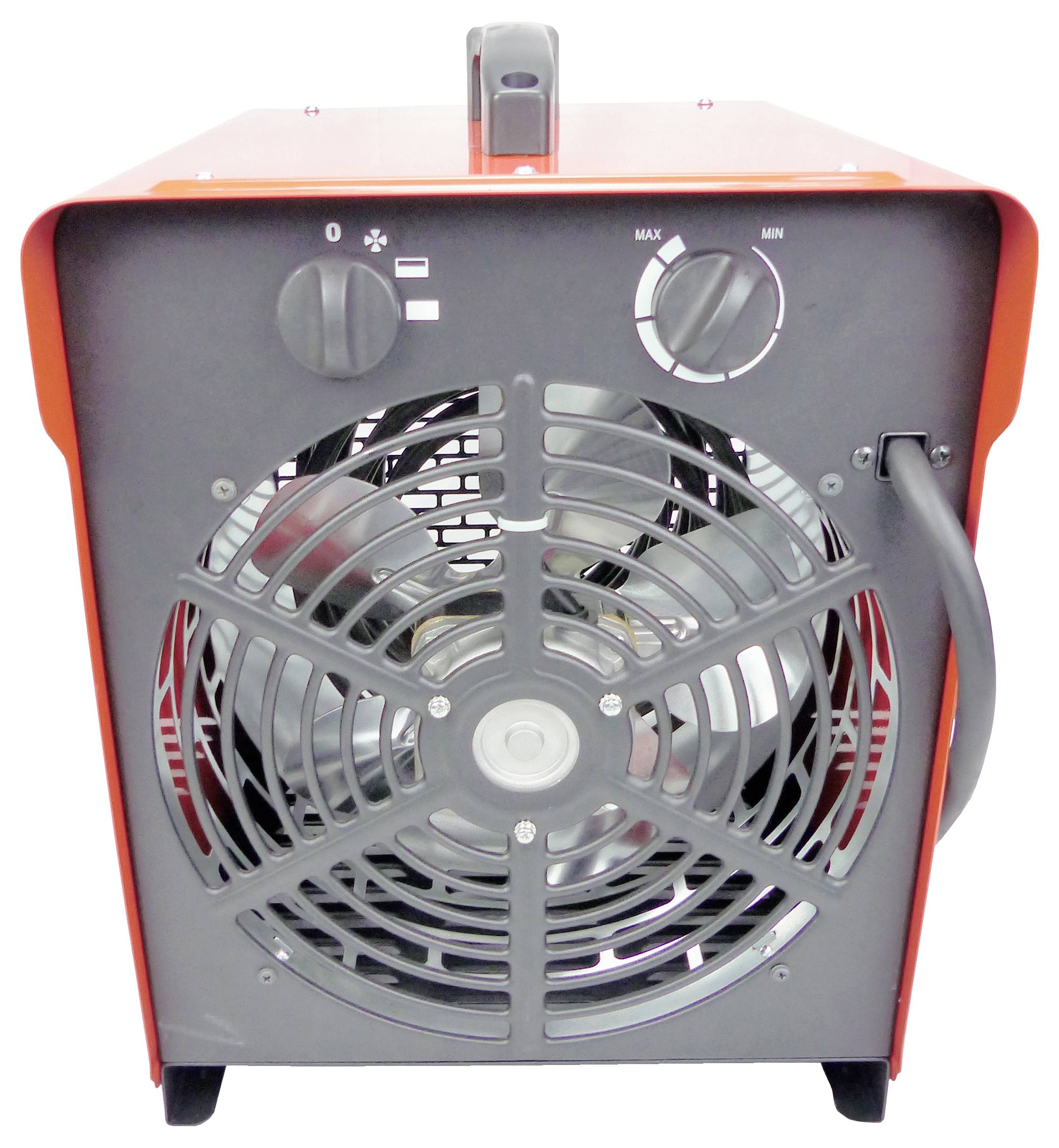 Ein roter Industrieheizlüfter mit einem großen Frontgitter, Temperatur- und Leistungsreglern, entwickelt zum Heizen großer Räume.