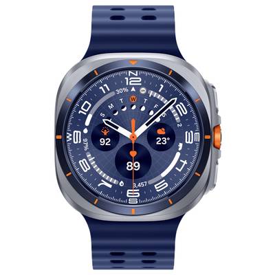 Eine blaue Smartwatch, die die Zeit anzeigt, mit einer Herzfrequenz von 92 Schlägen pro Minute, einer Temperatur von 23°C, einer Schrittzahl von 3.457 und einem Kalender mit Wochentagen.