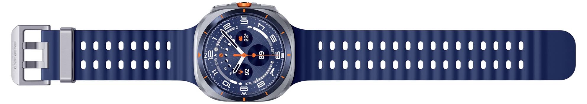 Smartwatch mit einem blauen Armband, detailliertem Zifferblatt im Analogstil mit orangefarbenen Akzenten, der Zeit- und Datumsinformationen anzeigt.