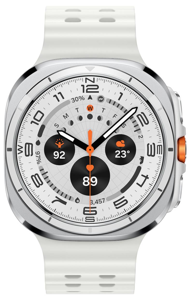 Eine Smartwatch mit silbernem Rahmen zeigt analoge Zeit, Herzfrequenz (92 bpm), Temperatur (23 °C) und Aktivitätsringe an. Weißes Armband inklusive.