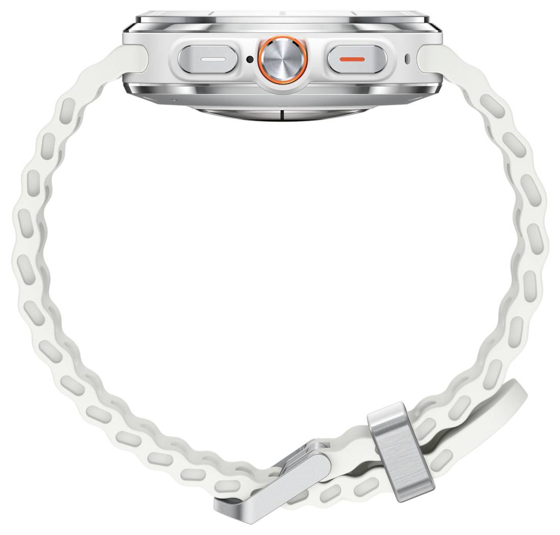 Eine Smartwatch mit einem weißen durchlöcherten Armband, silberfarbenem Gehäuse und orangefarbener runder Taste, von der Seite betrachtet.